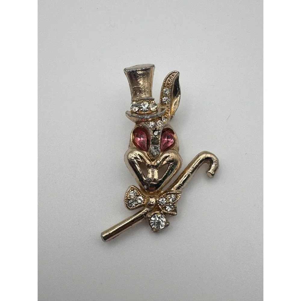 Vintage Bunny Brooch Dapper Rabbit Pink Rhinestone Eyes Figural
